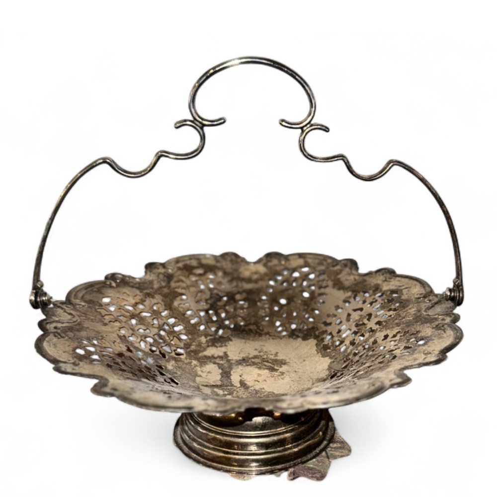 Vintage Silver Decorative Pedestal Compote Basket with Handle Cottage Grandma
